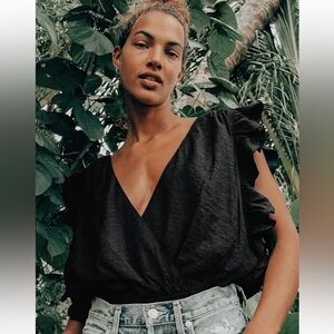 Lulus Smile Awhile Black Ruffled Surplice Bodysuit Small